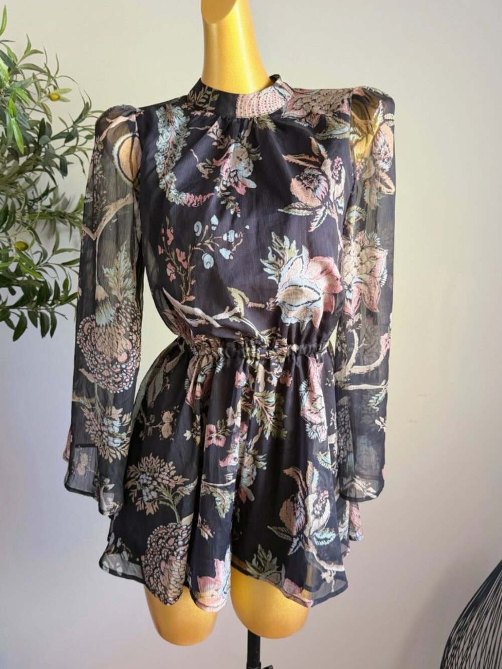 New Black Floral Chiffon Open Back Romper S